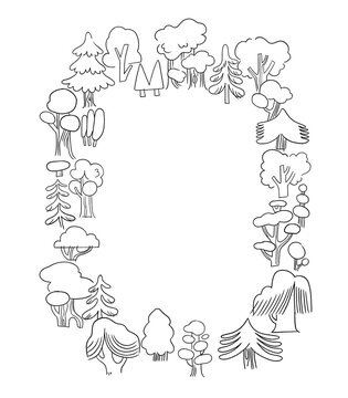 Tree Wreath Coloring Page Hand-Drawn Forest Frame Line Art Border Poster Flyer 