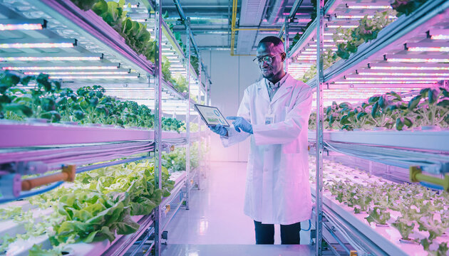 A dedicated scientist uses a digital tablet to analyze vibrant crops in a hightech indoor vertical farm, representing sustainable smart agriculture and futuristic food tech.