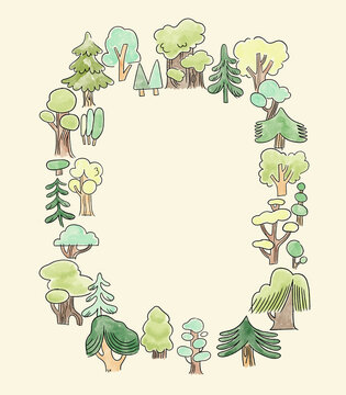 Watercolor Tree Wreath Frame Hand-Drawn Forest Poster Flyer Invite Border Illustration Green Background