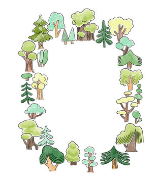 Untitled Watercolor Tree Wreath Frame Hand-Drawn Forest Poster Flyer Invite Border Illustration White Background Artwork