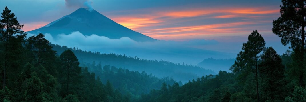 Volcanic peak at dawn with soft cloud layers and forested hills for panoramic landscape background and wallpaper use