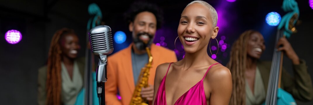 Smiling jazz singer with vintage microphone and live band on stage for music banner and event background design