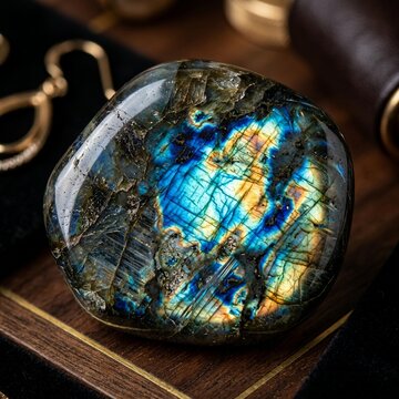 Extreme macro photograph of polished labradorite gemstone showing vivid blue