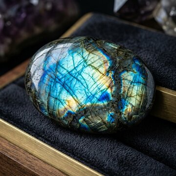 Extreme macro photograph of polished labradorite gemstone showing vivid blue