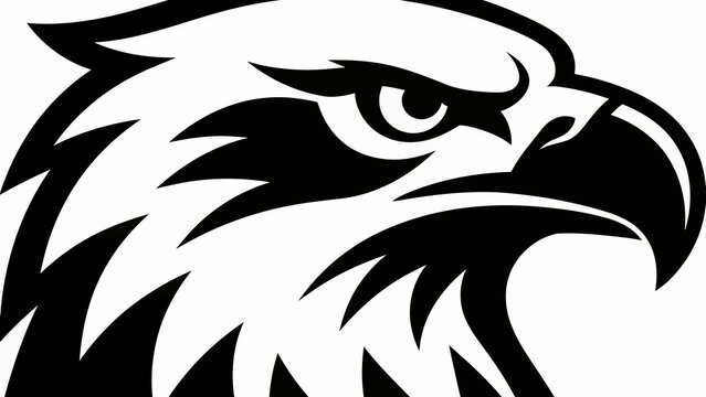 A bold, high-contrast vector graphic of a stylized eagle head, minimalist design, monochrome black and white illustration, profile view of a bald eagle facing right, aggressive expression sharp eye .