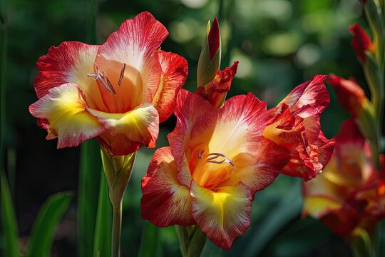 Beautiful blooming gladiolus flowers in vibrant red and yellow colors
