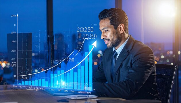 Businessman analyzing financial growth chart with 2030 goal and 5 year plan.