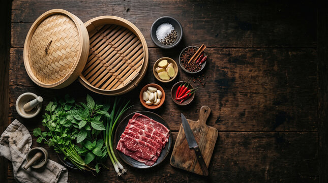 Top down view of Asian rustic cooking ingredients and bamboo basket with copy space