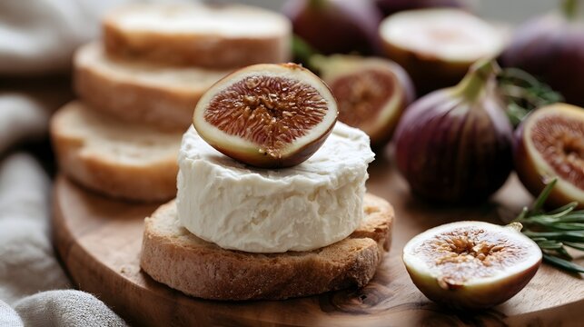 A slice of fresh fig rests atop creamy goat cheese on a rustic bread cracker  surrounded by more figs and rosemary