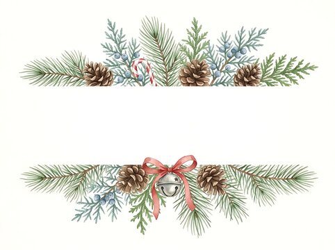 Watercolor border with pine branches, brown pinecones, blue juniper berries, a candy cane, and a silver jingle bell with a red ribbon