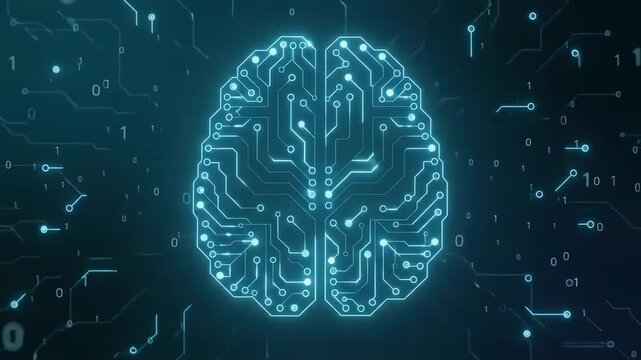 Animation of glowing blue circuits forming a human brain silhouette amidst floating binary code.