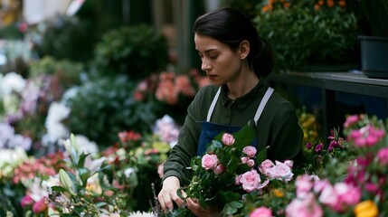 Fototapeta premium A woman carefully arranges pink roses among colorful flowers at a vibrant flower stall in soft natural light