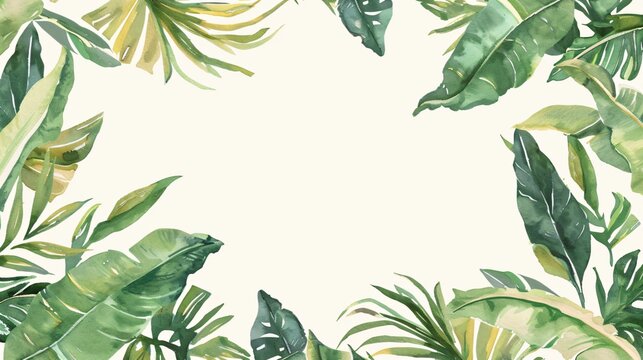 Lush green tropical palm leaves painted in watercolor style form a botanical frame border for creative graphic design card projects