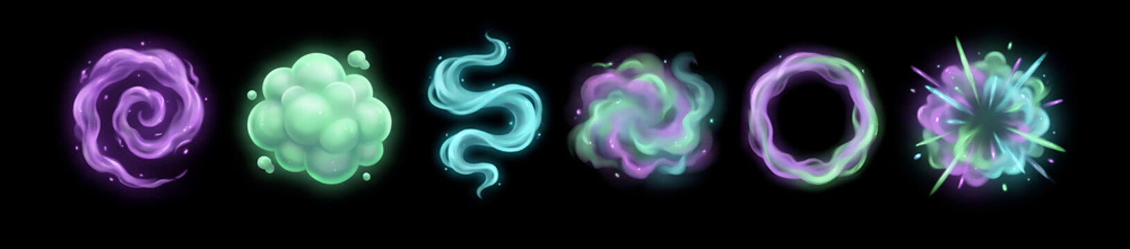 Stylized Cartoon Magic Smoke, Poison Gas Clouds and Swirling VFX Sprites Set Isolated on Black