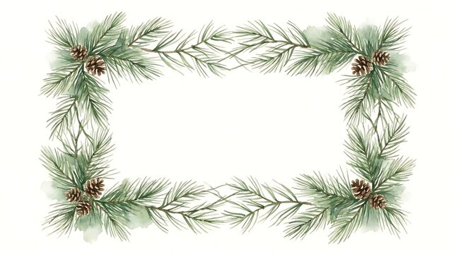 Watercolor frame with green pine branches and brown pinecones, rectangular botanical border isolated on a white background