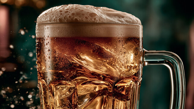Ultra realistic close up of premium draft beer in a crystal glass mug with rich foam, sparkling bubbles and refreshing golden lager illuminated by warm ambient light