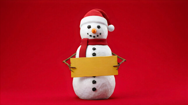 Cute snowman wearing a red hat holding a blank sign for your christmas message