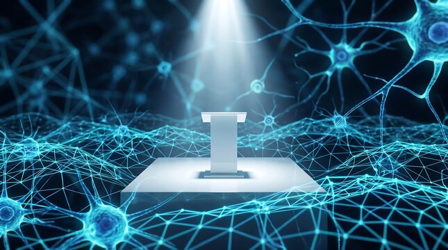 Illuminated empty podium centered in a futuristic digital neural network representing artificial intelligence and advanced scientific communication