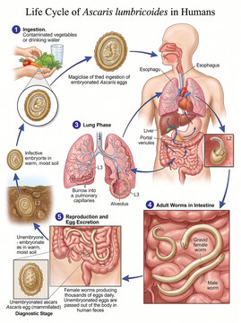 Scientific infographic diagram illustrating the life cycle of Ascaris lumbricoides parasite in humans.