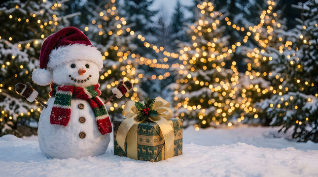 A cheerful snowman wearing a hat and scarf standing near christmas gifts outdoors tonight