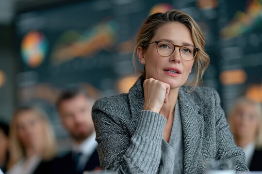 Businesswoman speaking in conference room corporate meeting portrait