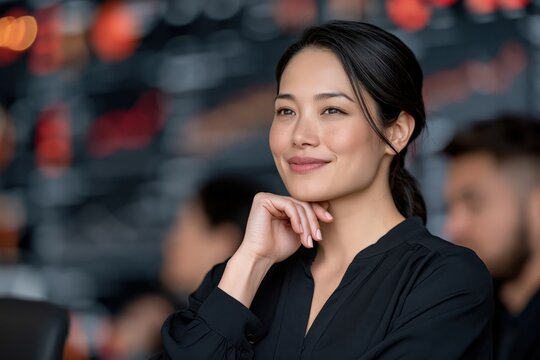 Smiling businesswoman looking at financial market data charts in office