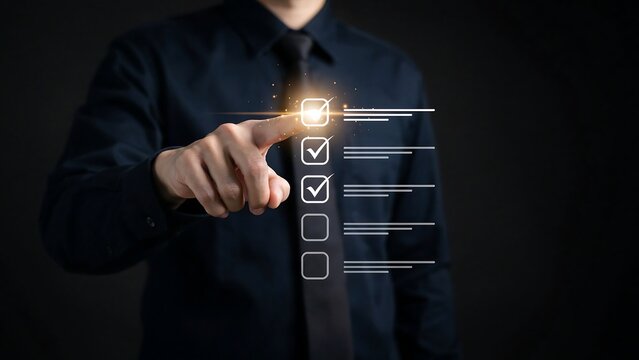 Modern checklist with hand pointing to a checkbox on a dark background, symbolizing task completion and decision making