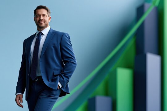 Confident businessman in blue suit with growing finance chart background