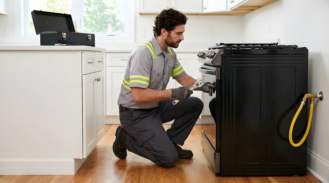 Professional Repairman Fixing a Gas Stove in a Modern Kitchen with Tools and Safety Equipment