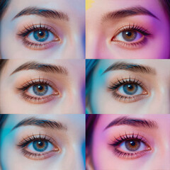 Fototapeta premium Vaporwave Collage Face. Collage Of Close-Up Eyes On Neon Striped Background