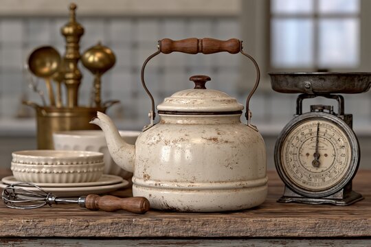 Vintage enamel kettle and kitchen scale with rustic cottage decor