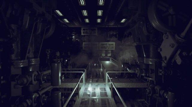 Rusted submarine engine bay filled with dripping oil and standing water, silent hull plates and corroded bulkheads, autonomous survey drone capturing sonar
