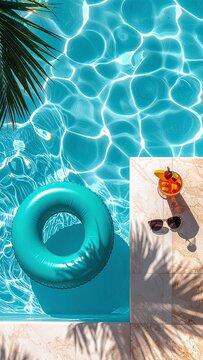 Relaxing summer resort scene with turquoise swimming pool water, a teal inflatable float, tropical cocktail, and sunglasses under palm shadows. No people present in this sunny paradise.