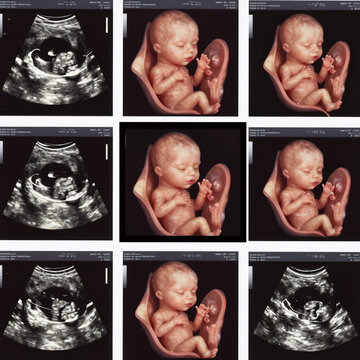 Impressionist Collage Family. Collage Of Ultrasound Images During Third-Month Pregnancy, Depicting Fetus Development
