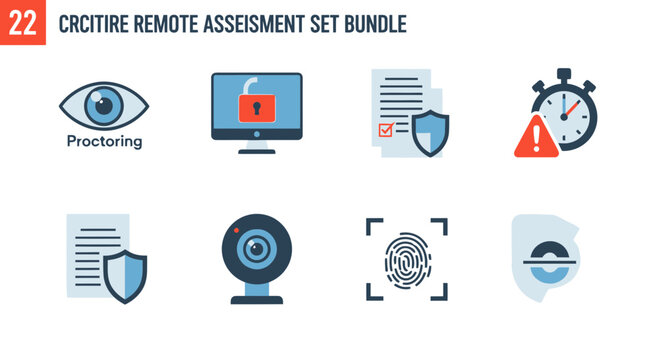 Collection of icons representing remote assessment and proctoring services, including eye, computer, documents, stopwatch, webcam, and fingerprint.
