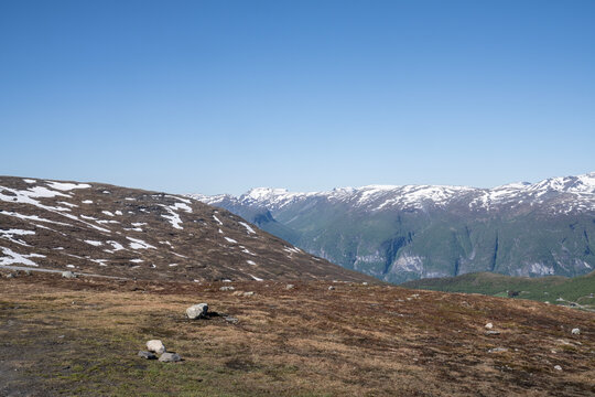 Above the tree line over the mountain pass Aurlandsfjellet scenic route between Aurlandsvangen and L&aelig;rdal in the Sogndal region of Norway.