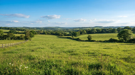 Fototapeta premium A serene view of lush green rolling hills and meadows under a bright blue sky on a warm summer day in the English countryside