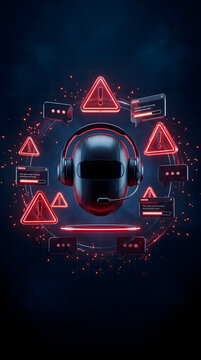 A descriptive sentence describing the subject (AI support bot), action (experiencing error/attack), and specific technical visual elements (warning signs, UI popups, neon lights). This structure avoid