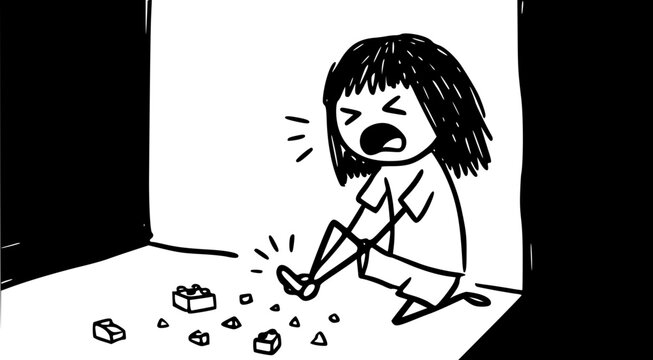 A young girl expresses frustration after stepping on LEGO pieces, showcasing the everyday challenges and humorous aspects of childhood experiences.