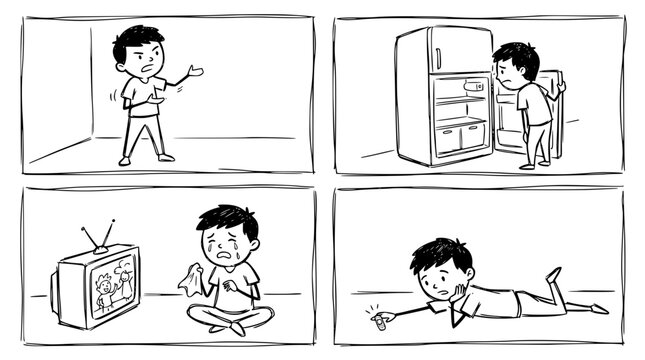 This cartoon portrays a frustrated young boy yelling, only to be seen later crying while watching TV, creating a relatable scene about emotional ups and downs in childhood.