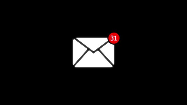 Animated email with notification badge showing 31 unread messages on black background, inbox