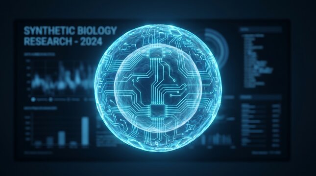 Synthetic biology research visualization with glowing cyan biological cell integrated with circuit board on digital interface HUD