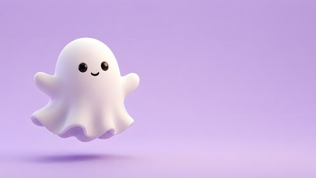 Cute ghost figure floating with a smiling face on a light purple background