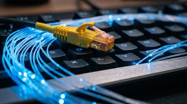 Commercial high-tech technology photography of a yellow RJ45 Ethernet cable connector and glowing blue fiber optic strands laying over a black computer keyboard &ndash; high-speed broadband, telecommunicati