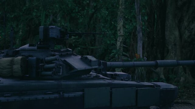 Camouflaged tank in dense foliage near trail, low profile turret and barrel partially concealed, humid jungle atmosphere with moss and shadow, sense of imminent