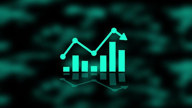 Animated financial growth chart with bar graph and rising trend line, teal neon digital business analytics on dark background