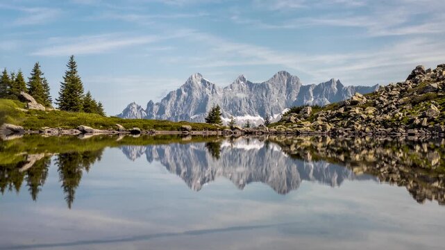 Timelapse of a reflection lake with view of Dachstein in the Austrian Alps