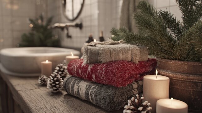 Festive bathroom with holiday hand towels and pine-scented candles,
