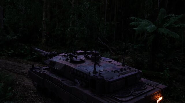 Armored vehicle with raised radio antenna, sensor mounts and comms array silhouetted against tree line, evening shadows emphasize missionready posture, tactical