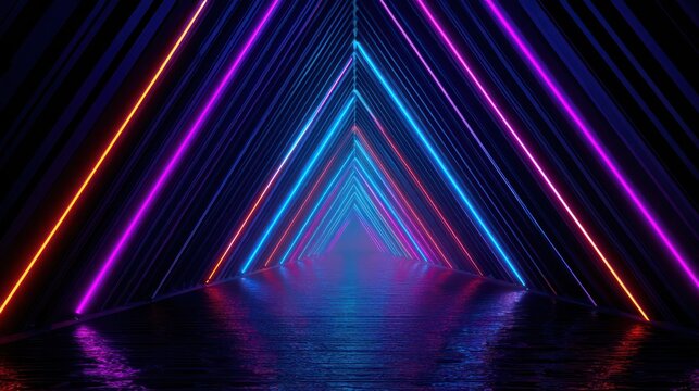 Abstract neon tunnel with colorful vibrant lines and reflections